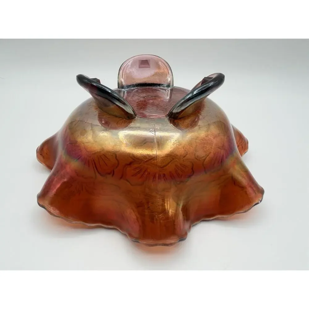 Fenton Two Flowers Carnival Glass Footed Bowl 8” Ruffled Wavy Edge Antique